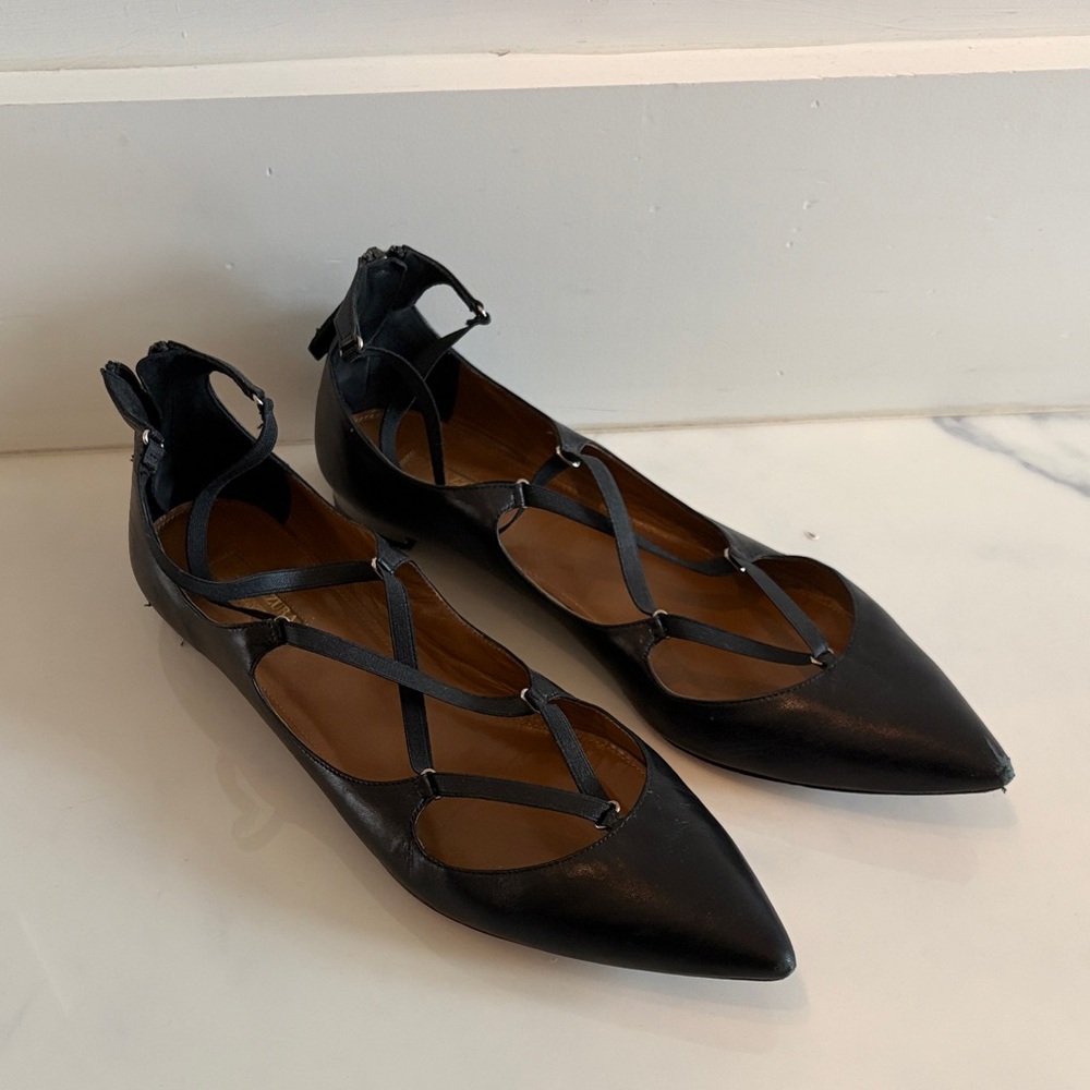 Aquazzura Mischa Black Leather Strappy Cage Flats